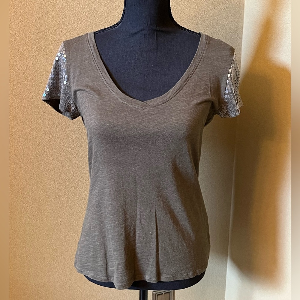New York and Company short sleeve tshirt with sequence on sleeves.  Army green